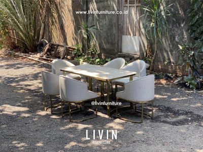 Meja Makan Stainless Marmer 6 Kursi Sofa Modern Mewah