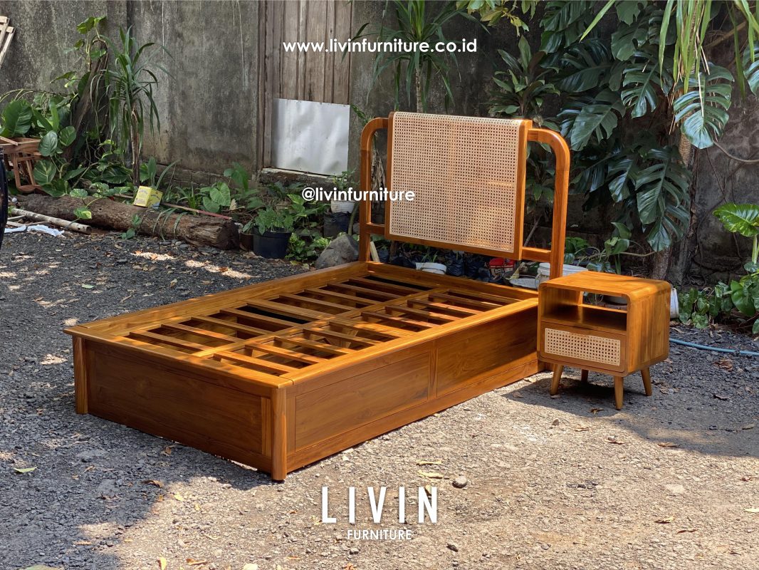 Dipan Tidur Jati Rotan Nakas Natural Modern Minimalis