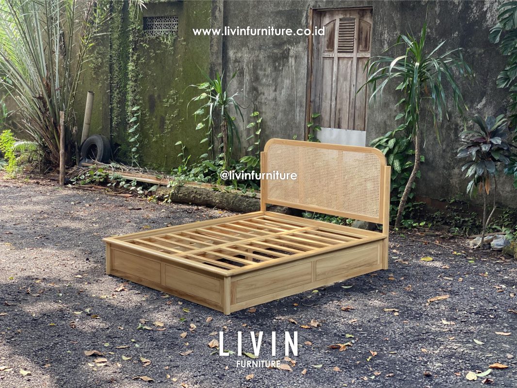 Tempat Tidur Jati Rotan 2 Laci Japandi Modern Minimalis