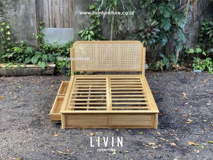 Tempat Tidur Jati Rotan 2 Laci Japandi Modern Minimalis