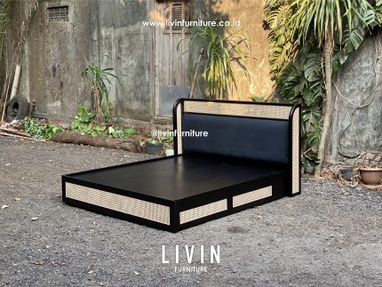 Tempat Tidur Hitam Jati Rotan 4 Laci Modern Minimalis