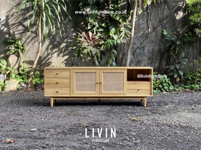 Meja TV Jati Rotan Japandi Modern Minimalis