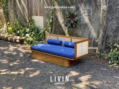 Daybed Jati Rotan Natural Sofa Biru Modern Minimalis