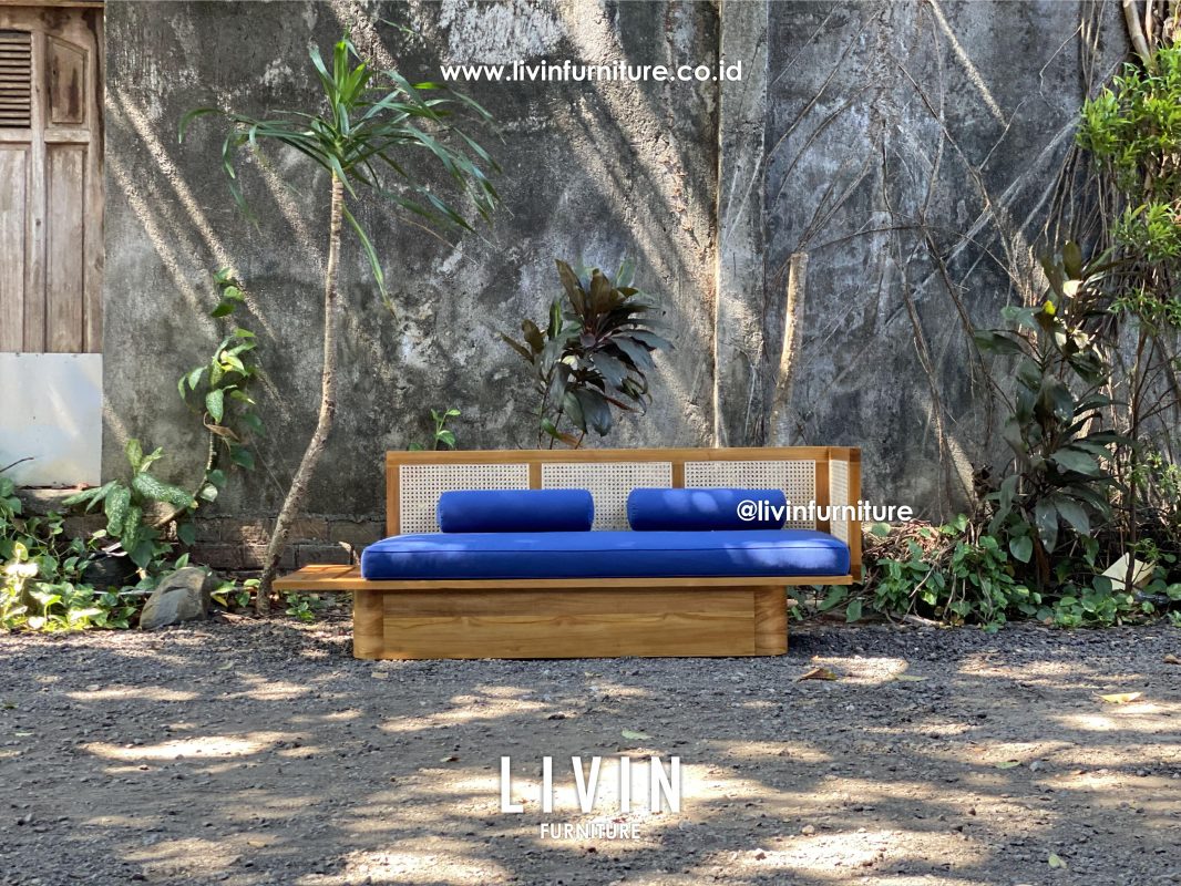 Daybed Jati Rotan Natural Sofa Biru Modern Minimalis