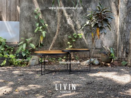 Meja Tamu Jati Kaki Besi Bulat Modern Minimalis