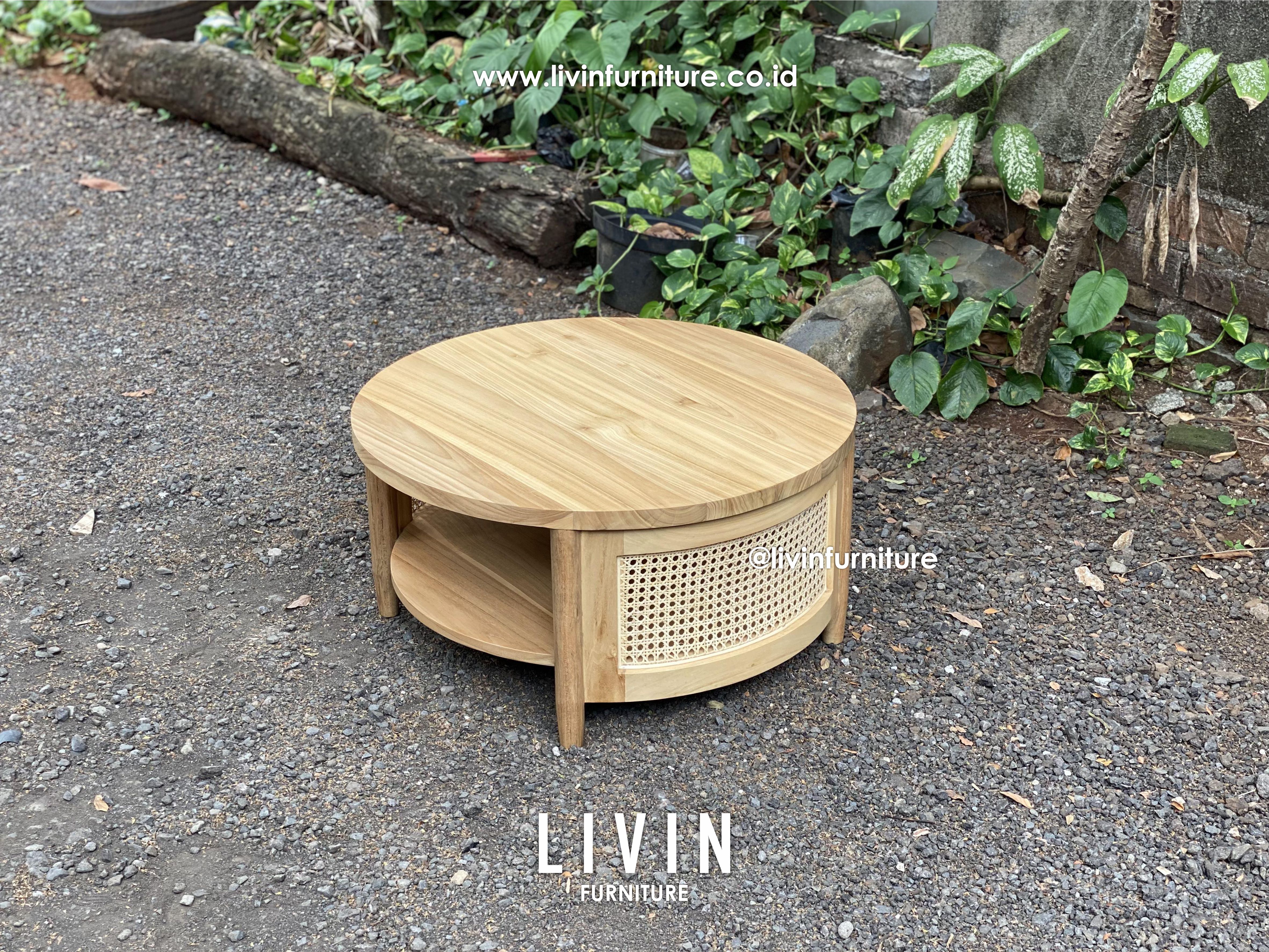 Meja Tamu Jati Rotan Bulat Modern Minimalis