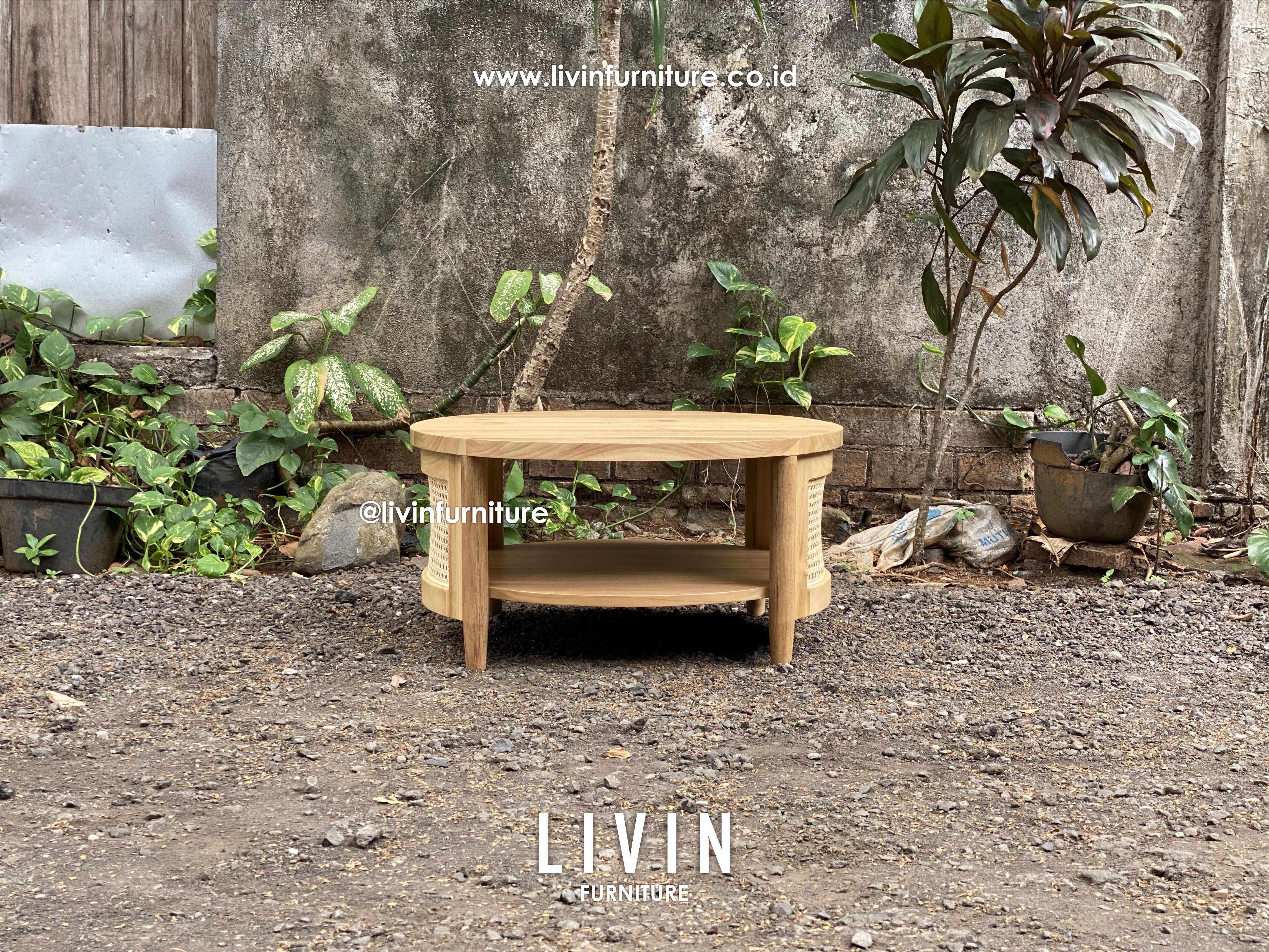 Meja Tamu Jati Rotan Bulat Modern Minimalis