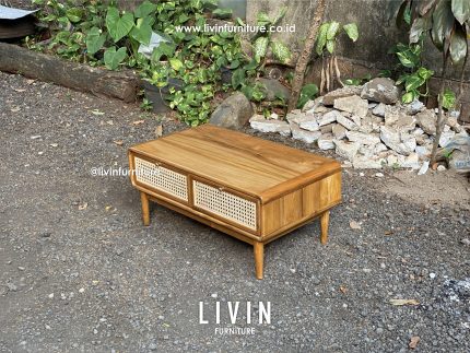 Meja Tamu Jati Rotan 2 Laci Modern Minimalis
