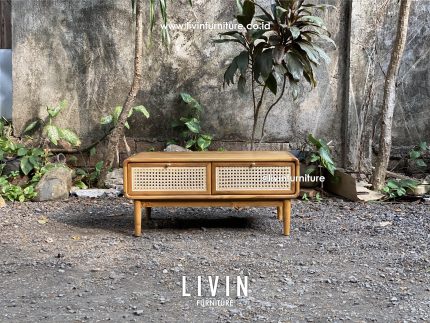 Meja Tamu Jati Rotan 2 Laci Modern Minimalis